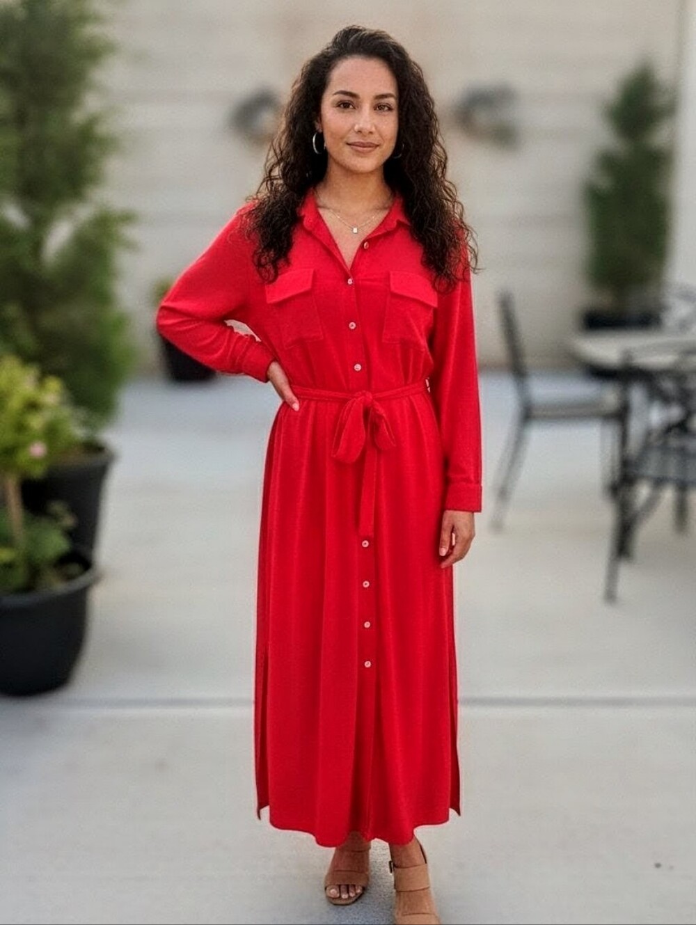 Emma & Michele Vibrant Button Down Red Maxi Shirt Dress with Waist Tie
